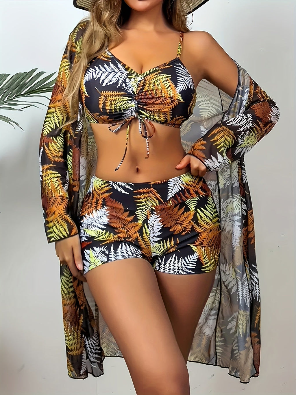 New Women's Three Piece Suit with Black And White Color Blocking, Sunset Maple Leaf Print Mesh, Long Sleeved Beach Wear, Swimsuit